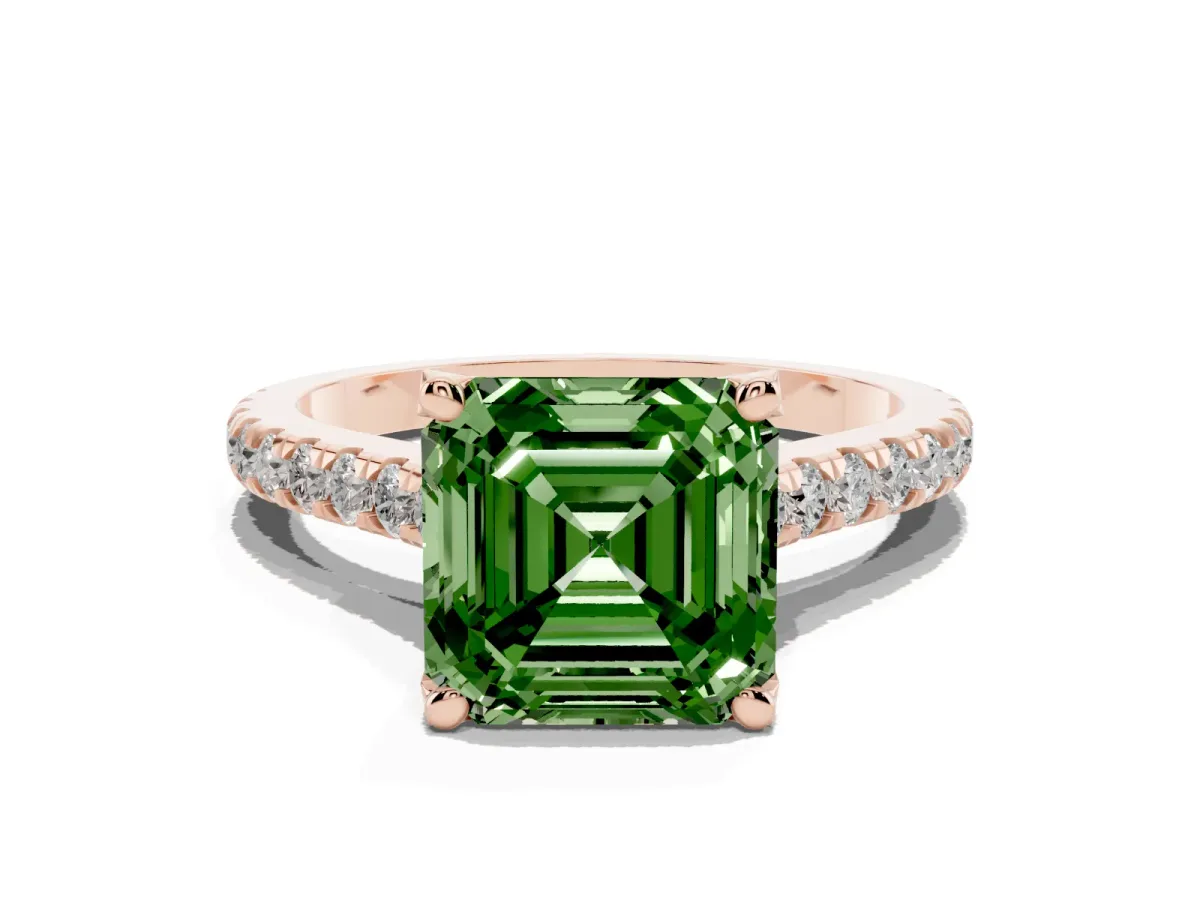Fancy Green Asscher Cut Brilliant Diamond Solitaire with Pavé Band and Four-Prong Setting Rose gold