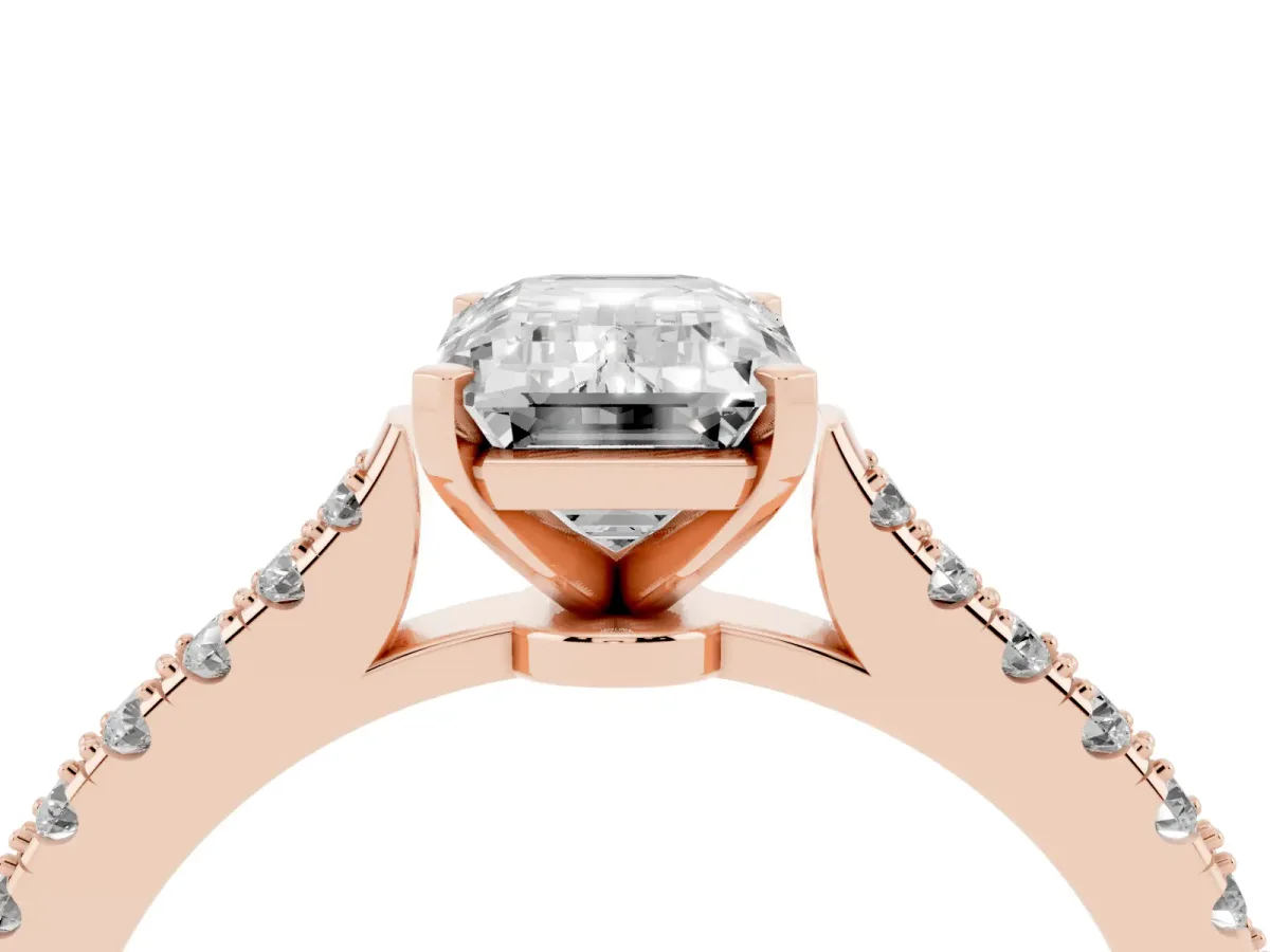 Emerald Cut Cut Solitaire Diamond Engagement Ring with Pave Band and Four-Prong Setting Rose gold