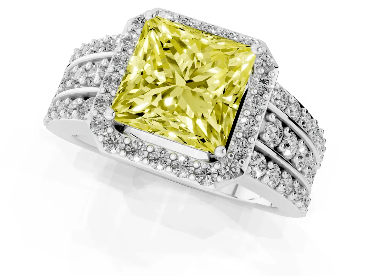 Fancy Yellow Princess Cut Halo Diamond Ring with Round Split Shank and Prong Setting Silver