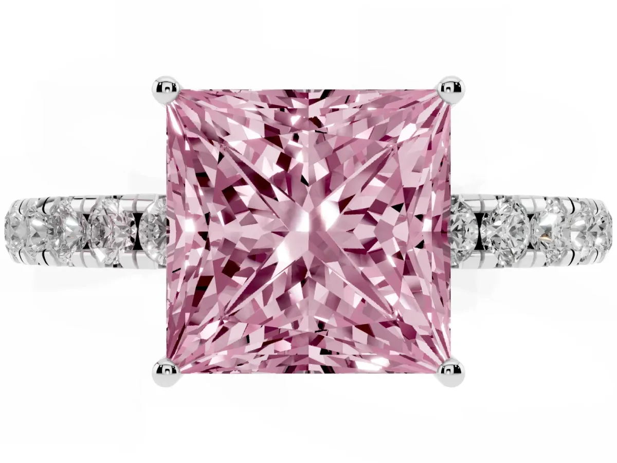 Fancy Pink Princess Cut Diamond Pavé Solitaire Engagement Ring with Four-Prong Setting Silver