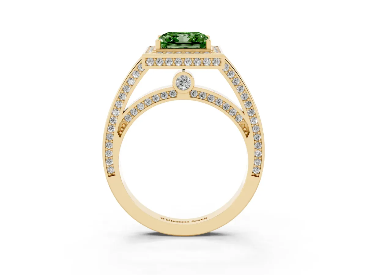 Fancy Green Princess Cut Cut Halo Pave Split Shank Prong Setting Ring Yellow gold
