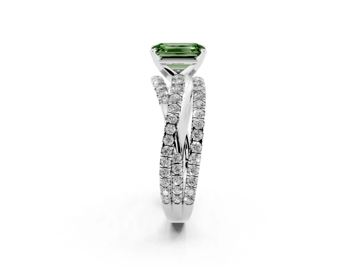 Fancy Green Emerald Cut Solitaire Twist Band with Pavé Setting and Four-Prong Setting Silver