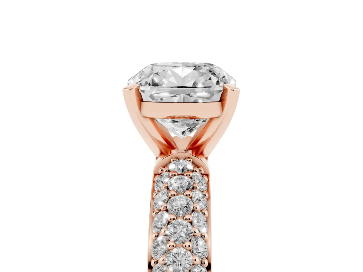 Cushion Cut Diamond Solitaire Ring with Prong Setting and Pavé Band Rose gold