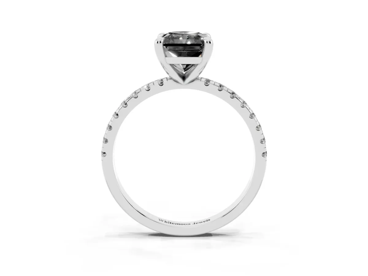 Fancy Black Radiant Cut Diamond Brilliant Solitaire Ring with Pavé Band and Four-Prong Setting Silver