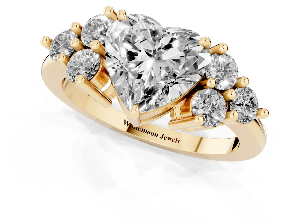Heart Cut Brilliant Diamond Cluster Accent Solitaire Ring with Prong Setting Yellow gold