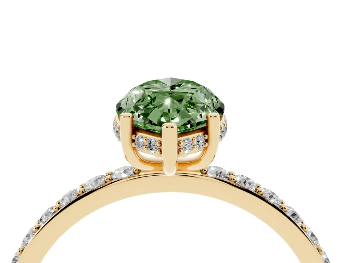 Fancy Green Marquise Cut Diamond Solitaire Ring with Pavé Band and Hidden Halo Yellow gold