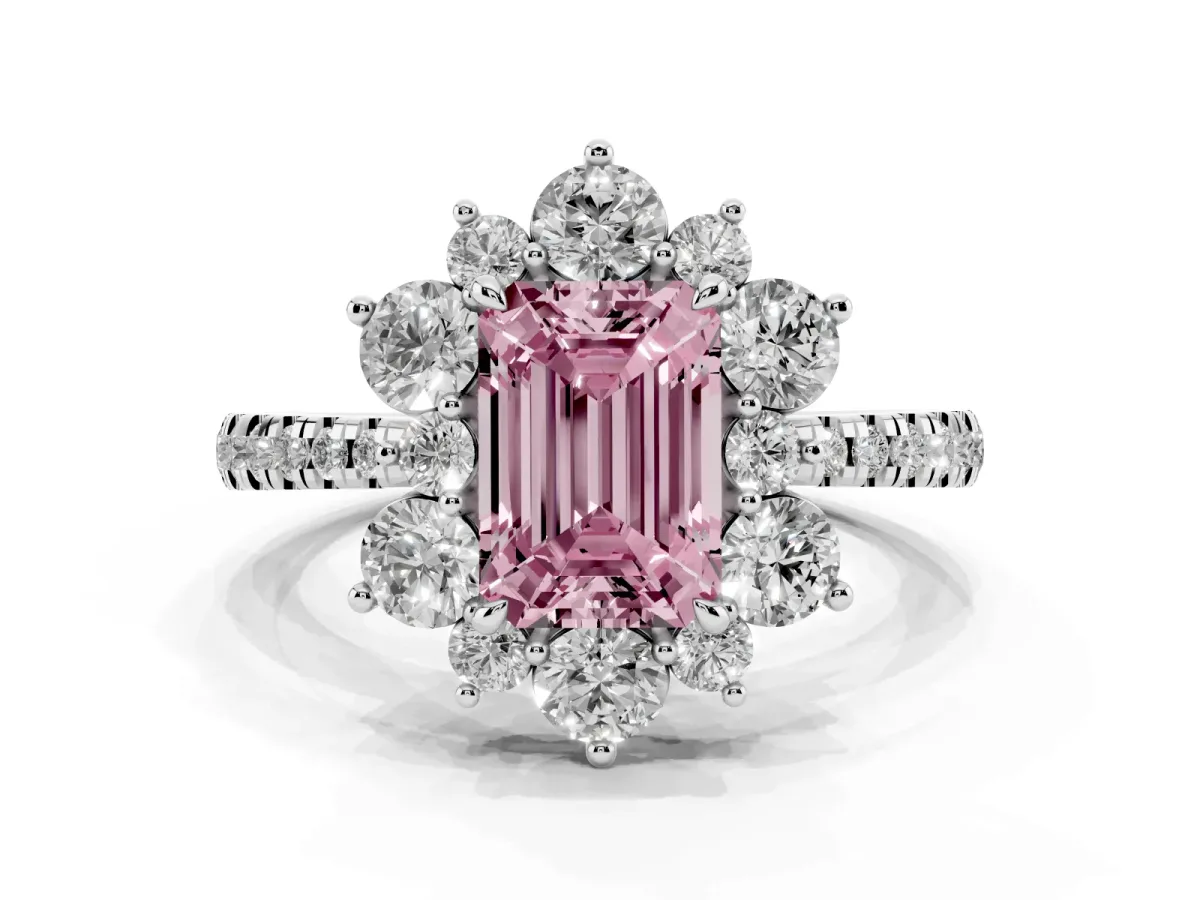 Fancy Pink Emerald Cut Diamond Floral Halo Ring with Round Pavé Band and Prong Setting Platinum