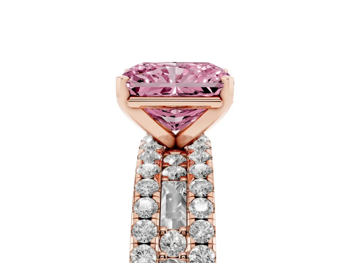 Fancy Pink Radiant Cut Diamond Solitaire Ring with Pavé and Channel Set Band Rose gold