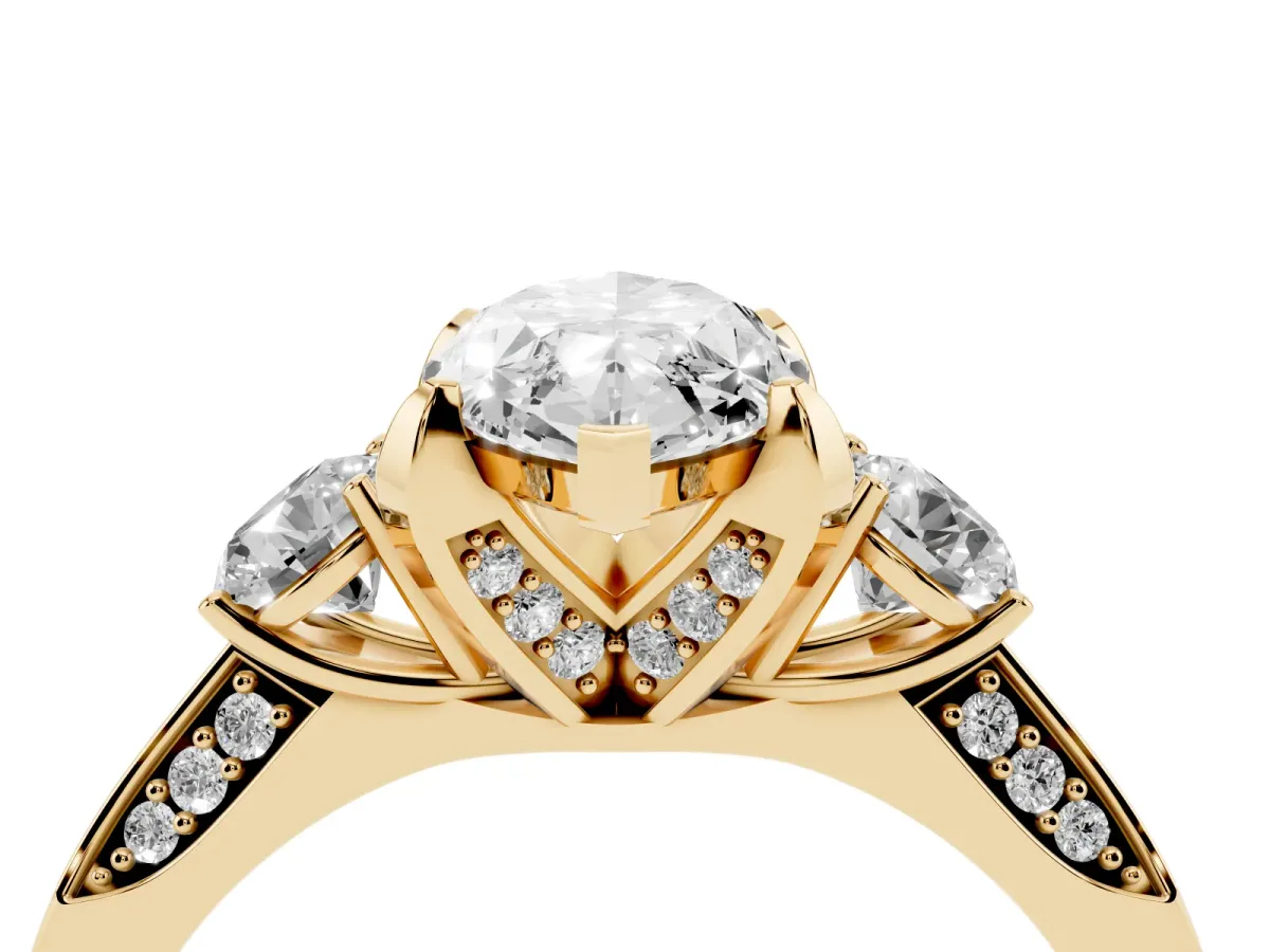 Marquise Cut Brilliant Three-Stone Diamond Ring with Pavé Band and Four-Prong Setting Yellow gold