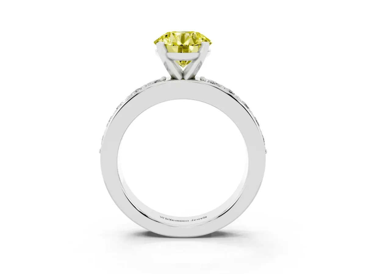 Fancy Yellow Round Cut Diamond Engagement Ring with Channel Set Round Band and Prong Setting Silver