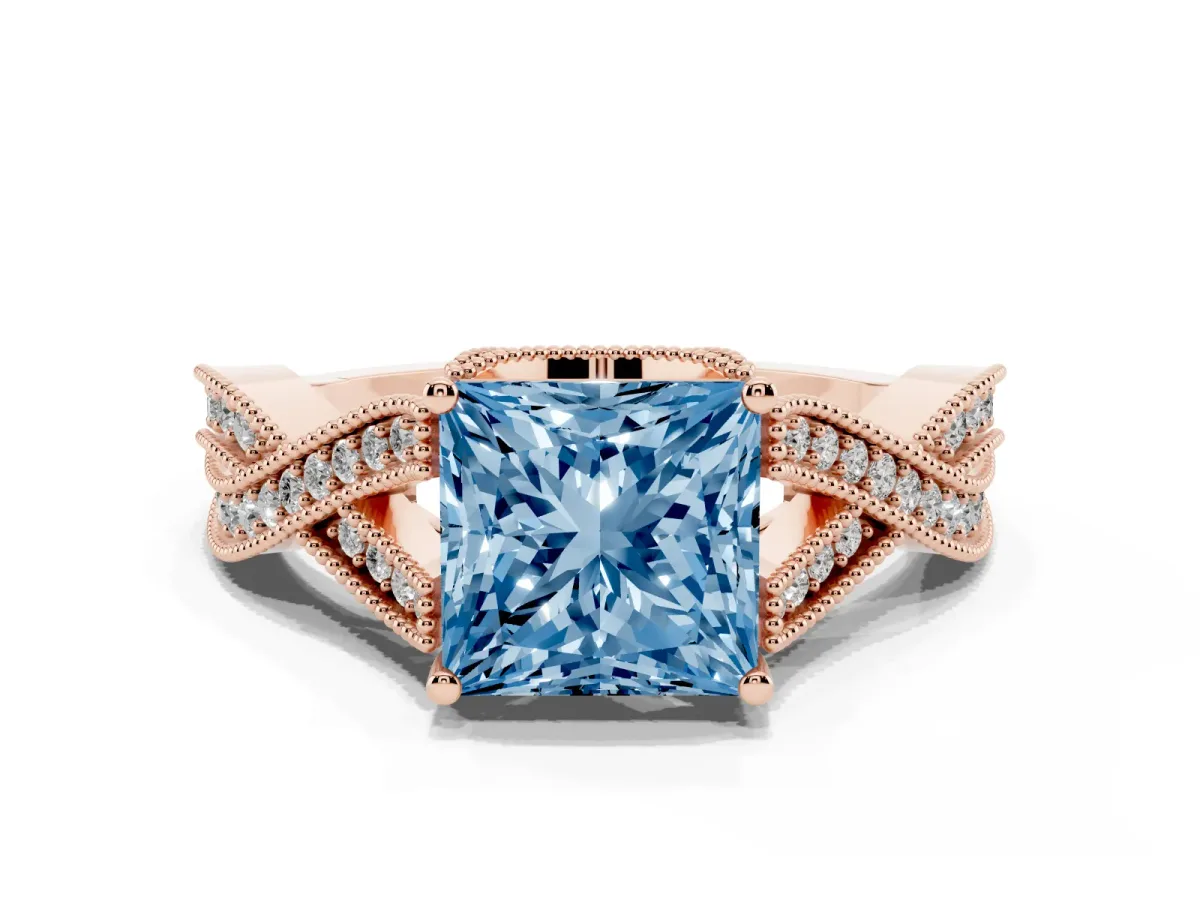 Fancy Blue Princess Cut Cut Diamond Twisted Band with Milgrain Pave Setting and Four-Prong Setting Rose gold