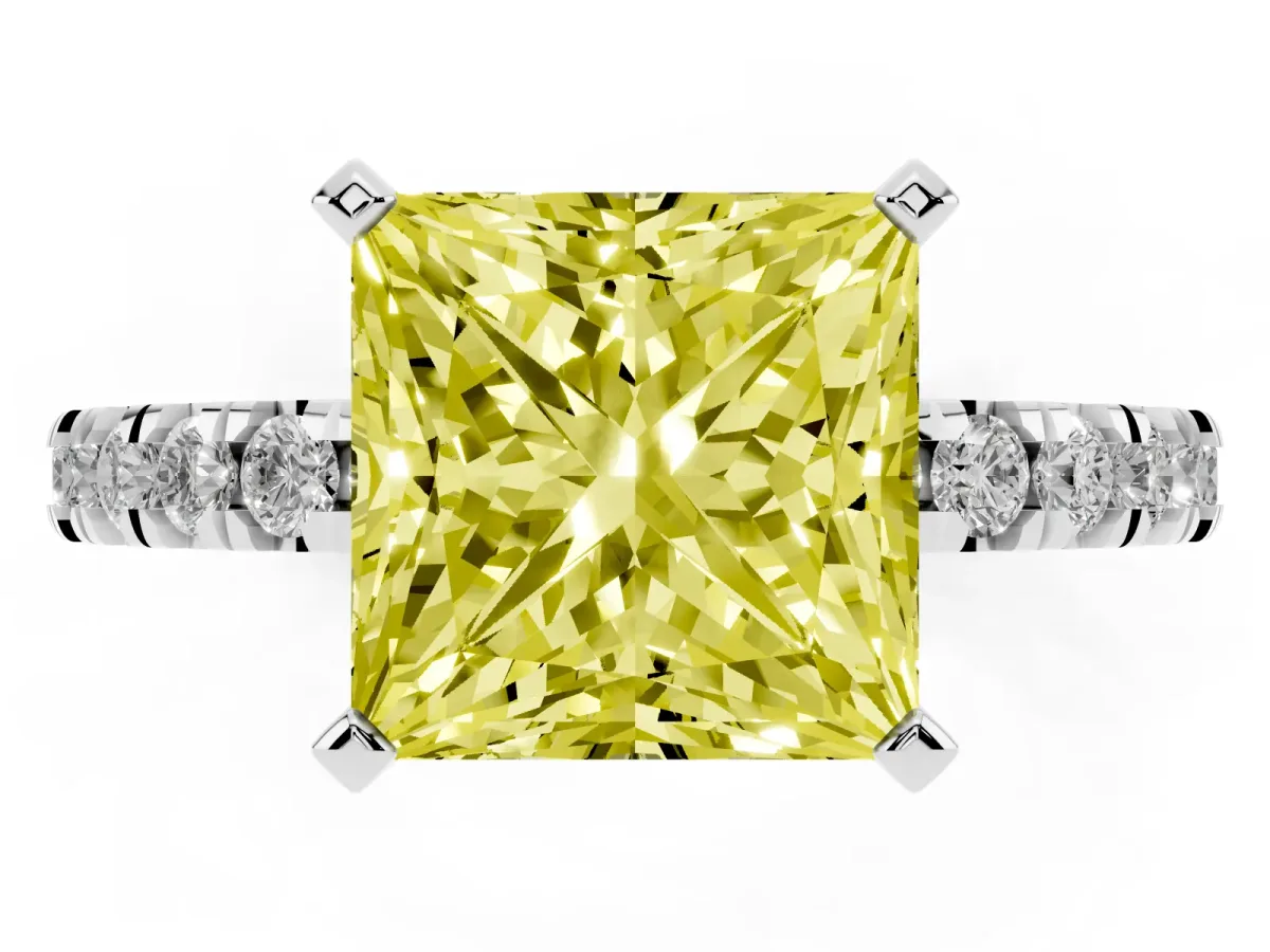 Fancy Yellow Princess Cut Diamond Pavé Band Solitaire with Four-Prong Setting Silver