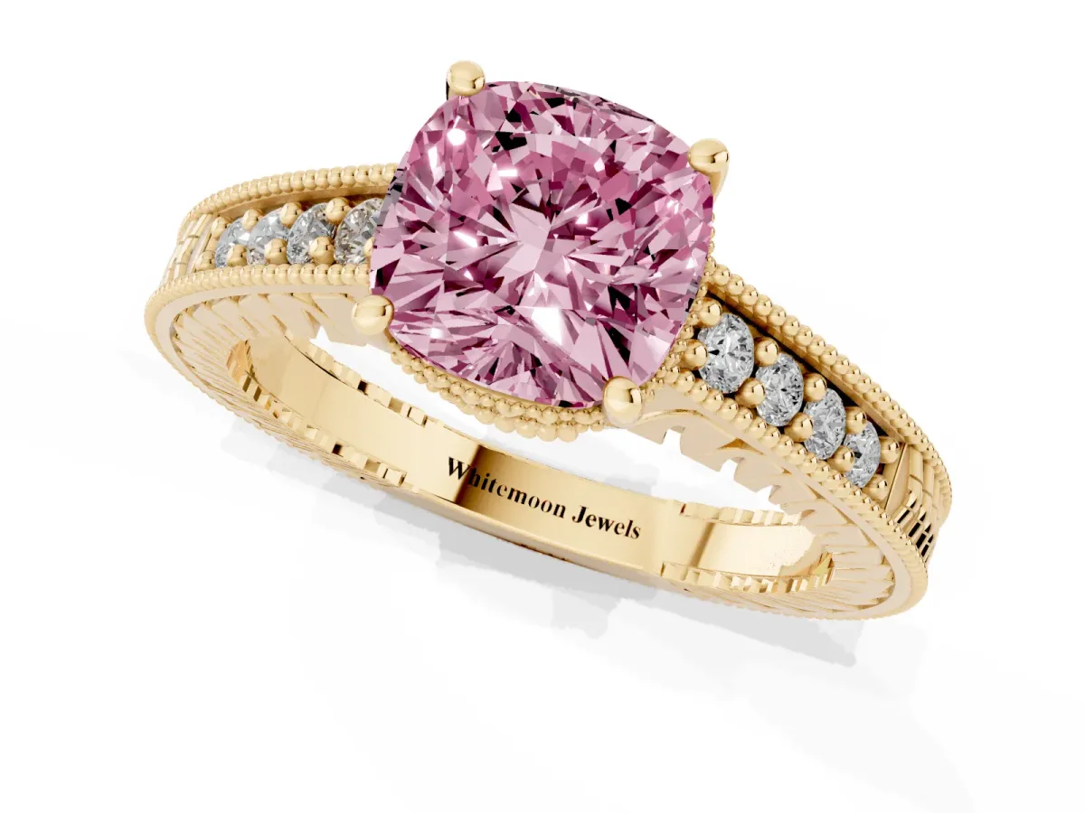 Fancy Pink Cushion Cut Solitaire Pavé Diamond Milgrain Engagement Ring with Four-Prong Setting Yellow gold