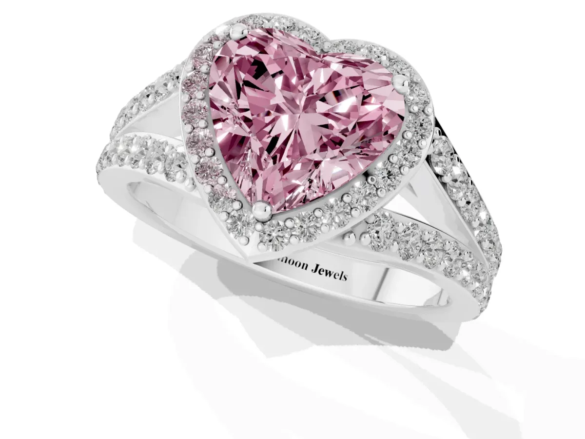 Fancy Pink Heart Cut Diamond Split Shank Halo Ring with Four-Prong Setting Platinum