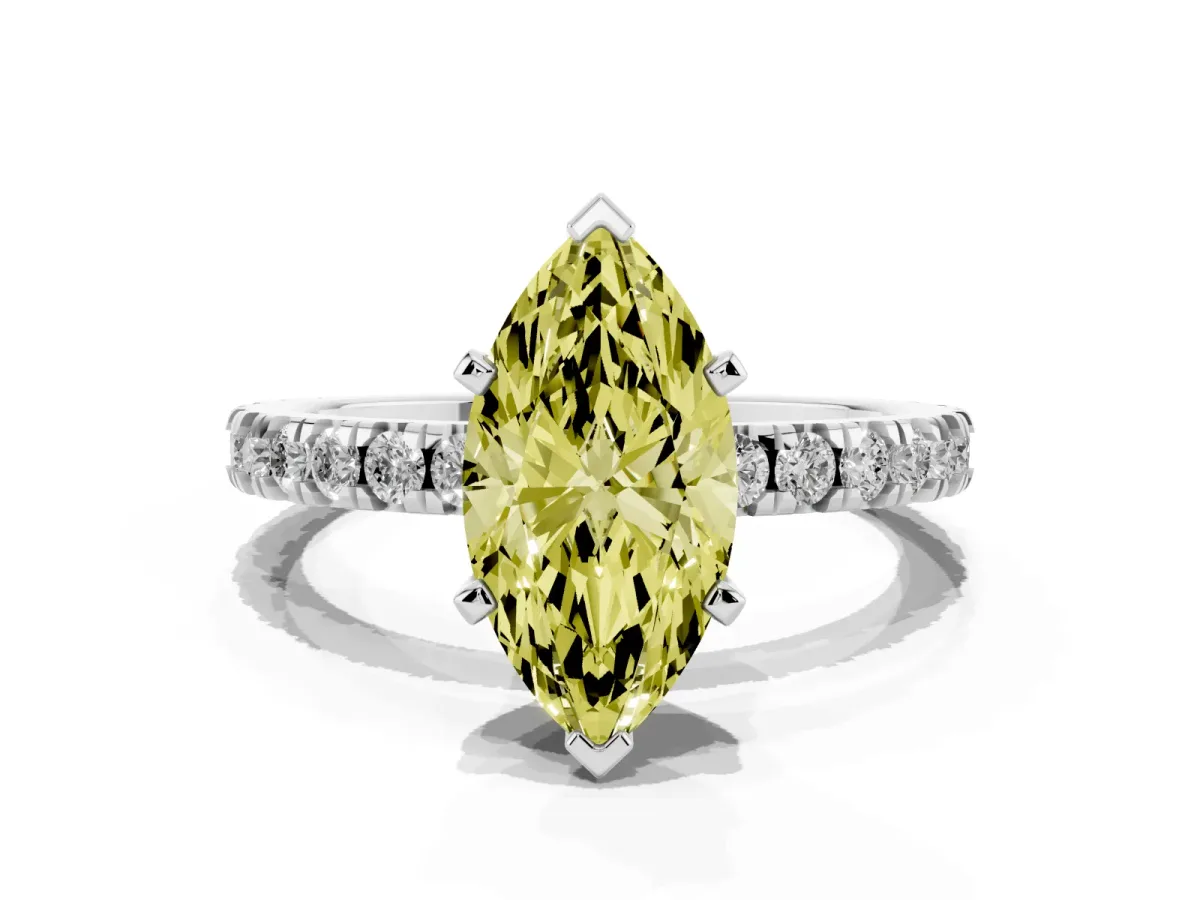 Fancy Yellow Marquise Cut Diamond Pavé Band Solitaire with Four-Prong Setting Silver