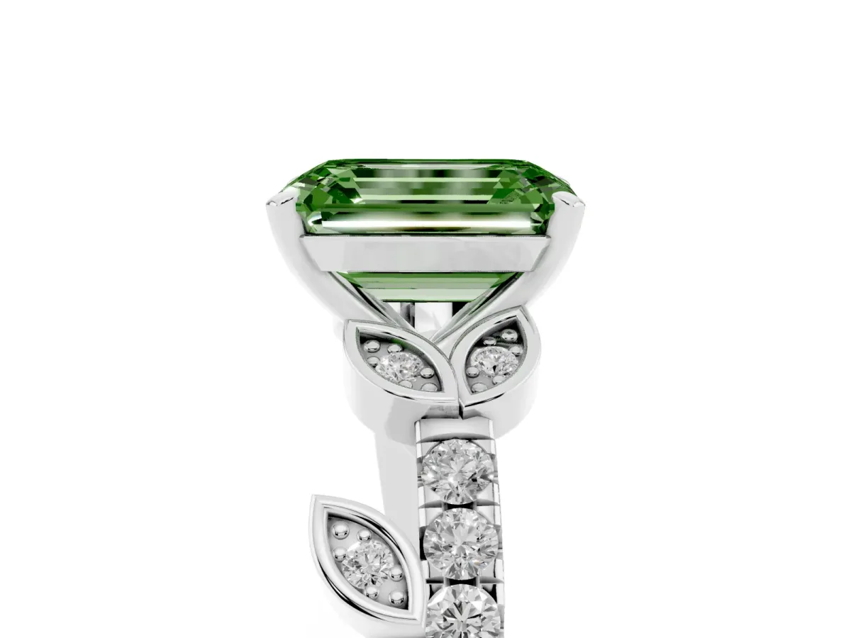 Fancy Green Emerald Cut Solitaire Leaf-Inspired Diamond Ring with Pavé Band and Four-Prong Setting Silver