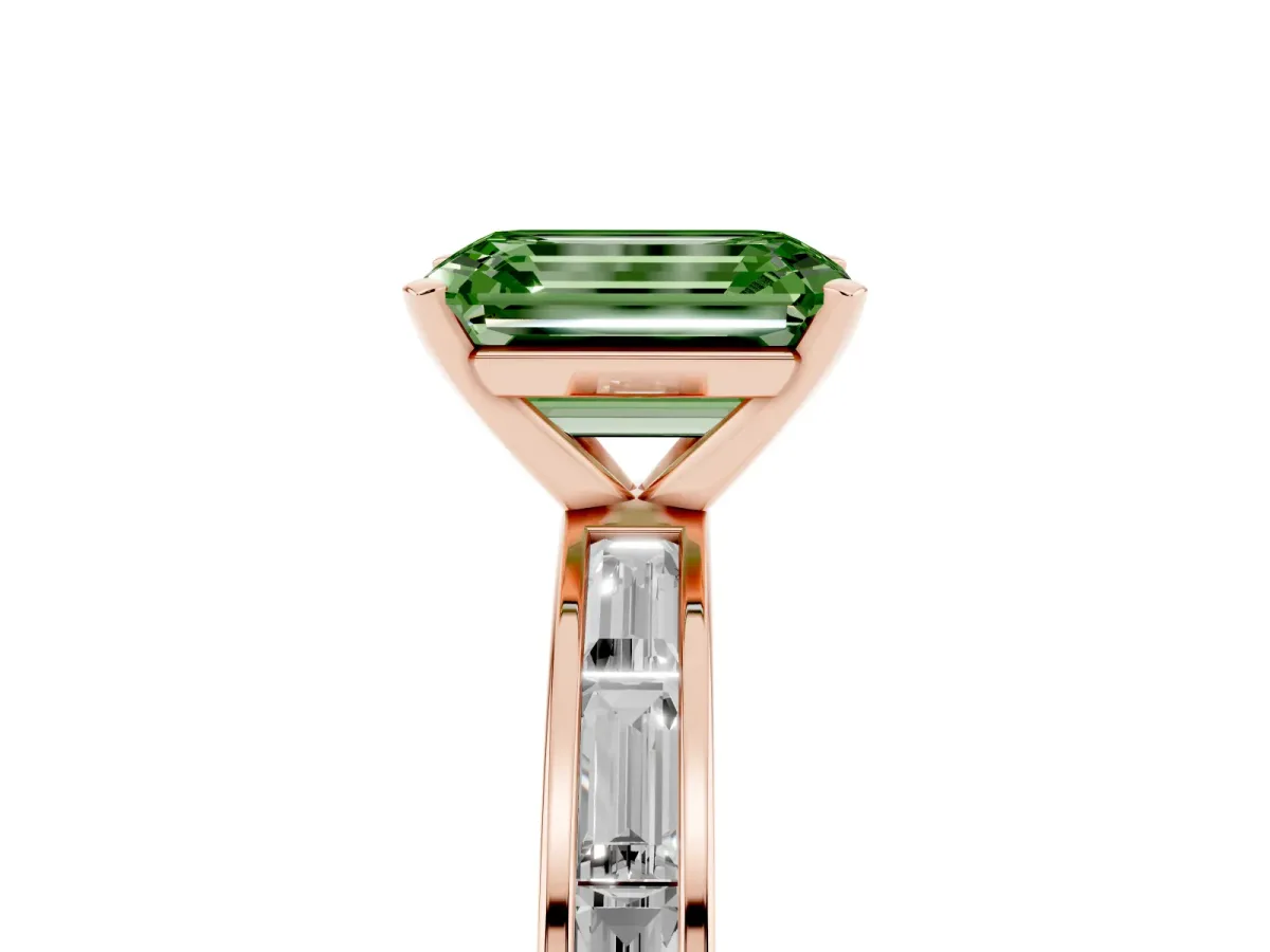 Fancy Green Emerald Cut Solitaire Diamond Ring with Channel-Set Baguette Band and Four-Prong Setting Rose gold