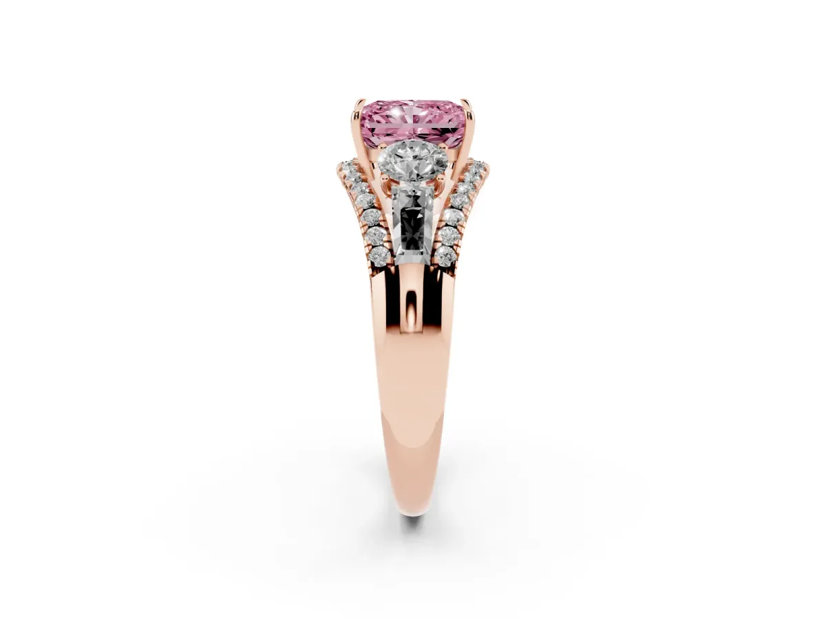 Fancy Pink Three-Stone Radiant Cut Diamond Engagement Ring with Pave Band and Prong Setting Rose gold