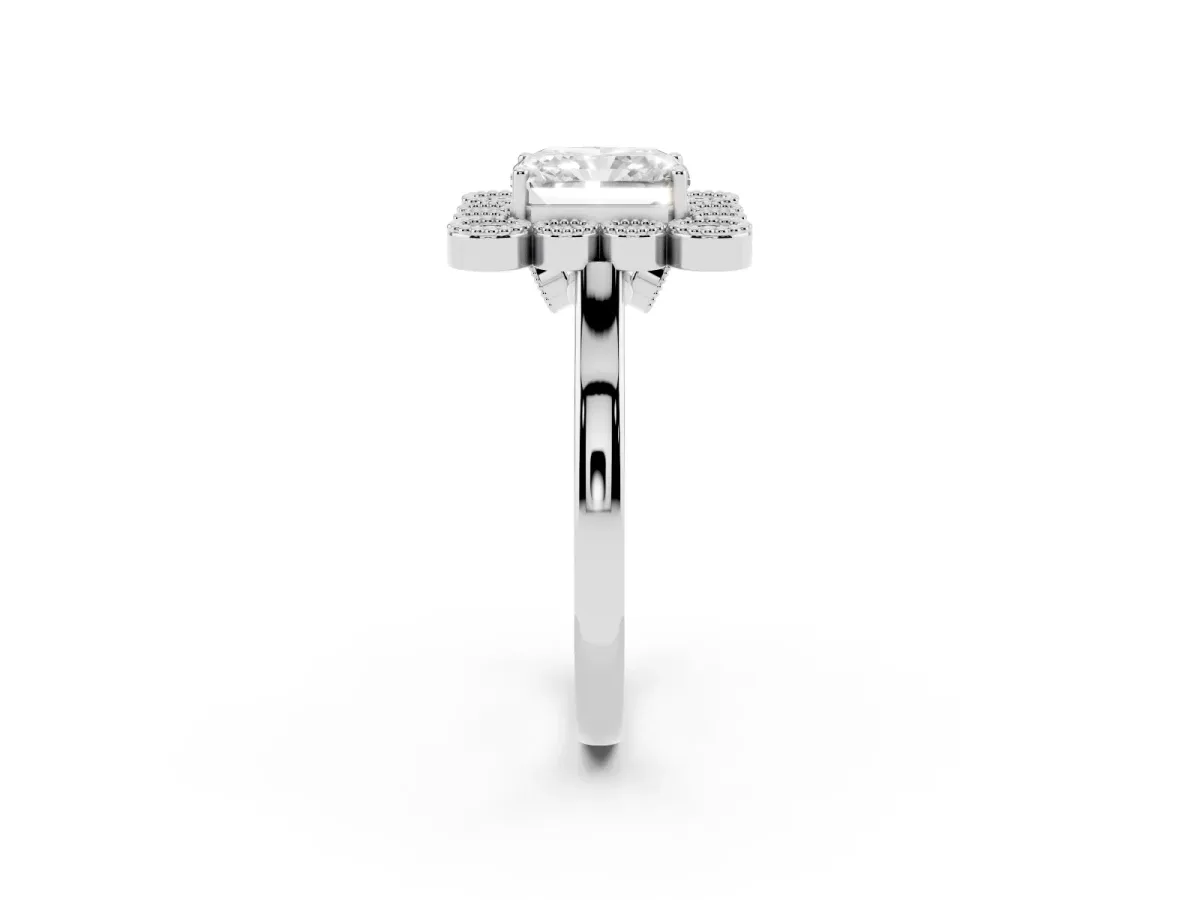 Radiant Cut Halo Diamond Cluster Engagement Ring with Milgrain Bezel Setting and Solitaire Band Silver