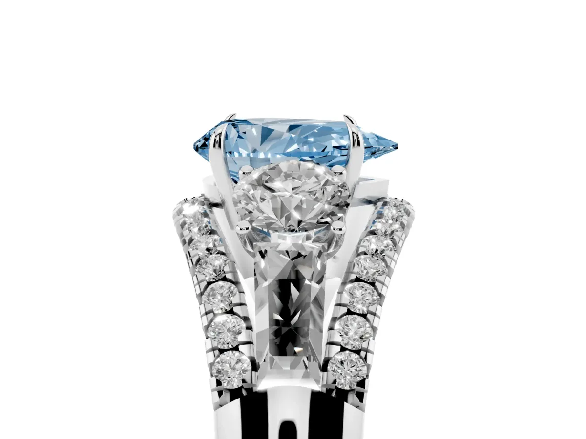 Fancy Blue Three-Stone Pear Cut Diamond Engagement Ring with Pave Band and Prong Setting Silver
