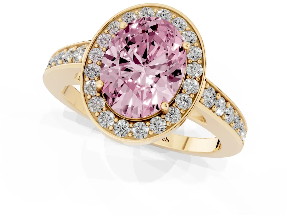 Fancy Pink Oval Cut Halo Pavé Diamond Engagement Ring with Bezel Setting Yellow gold