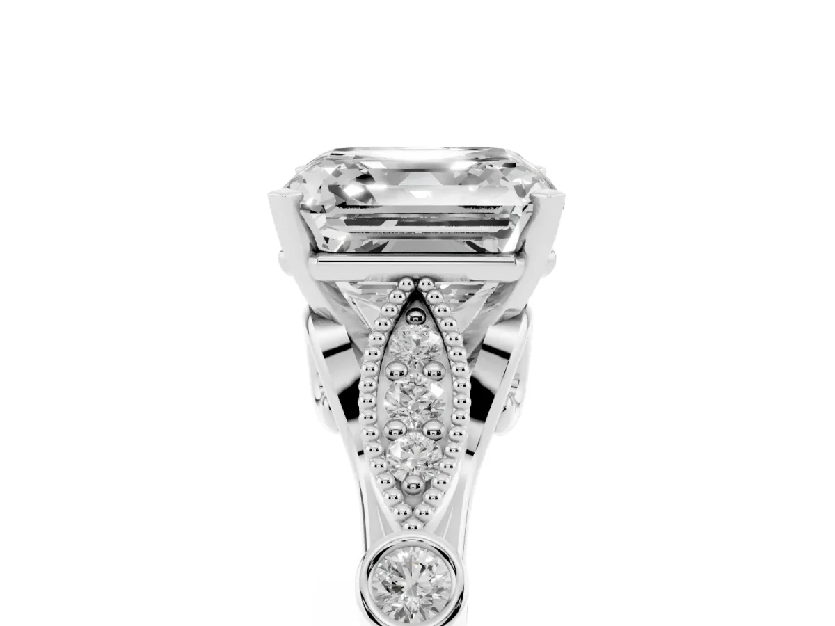 Asscher Cut Cut Diamond with Milgrain Marquise and Bezel Accents on a Solitaire Band with Prong Setting Platinum