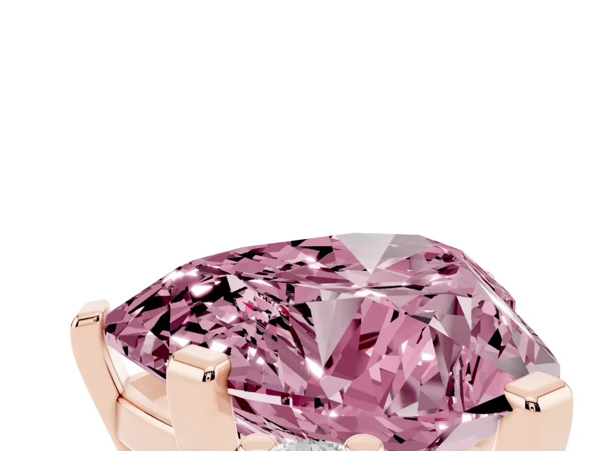 Fancy Pink Heart Cut Cut Three-Stone Solitaire Ring with Round Accent Diamonds and Four-Prong Setting Rose gold