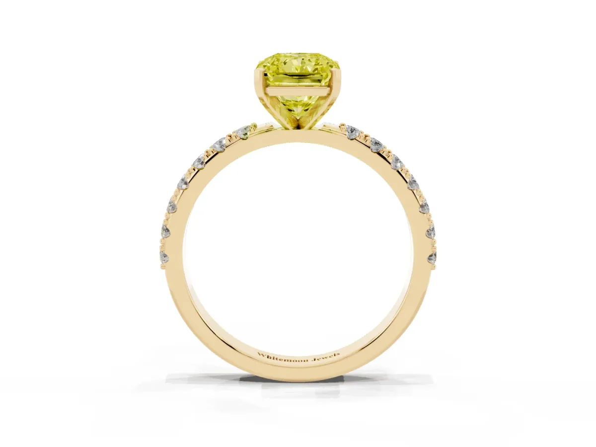 Fancy Yellow Radiant Cut Diamond Solitaire Pavé Band with Four-Prong Setting Yellow gold