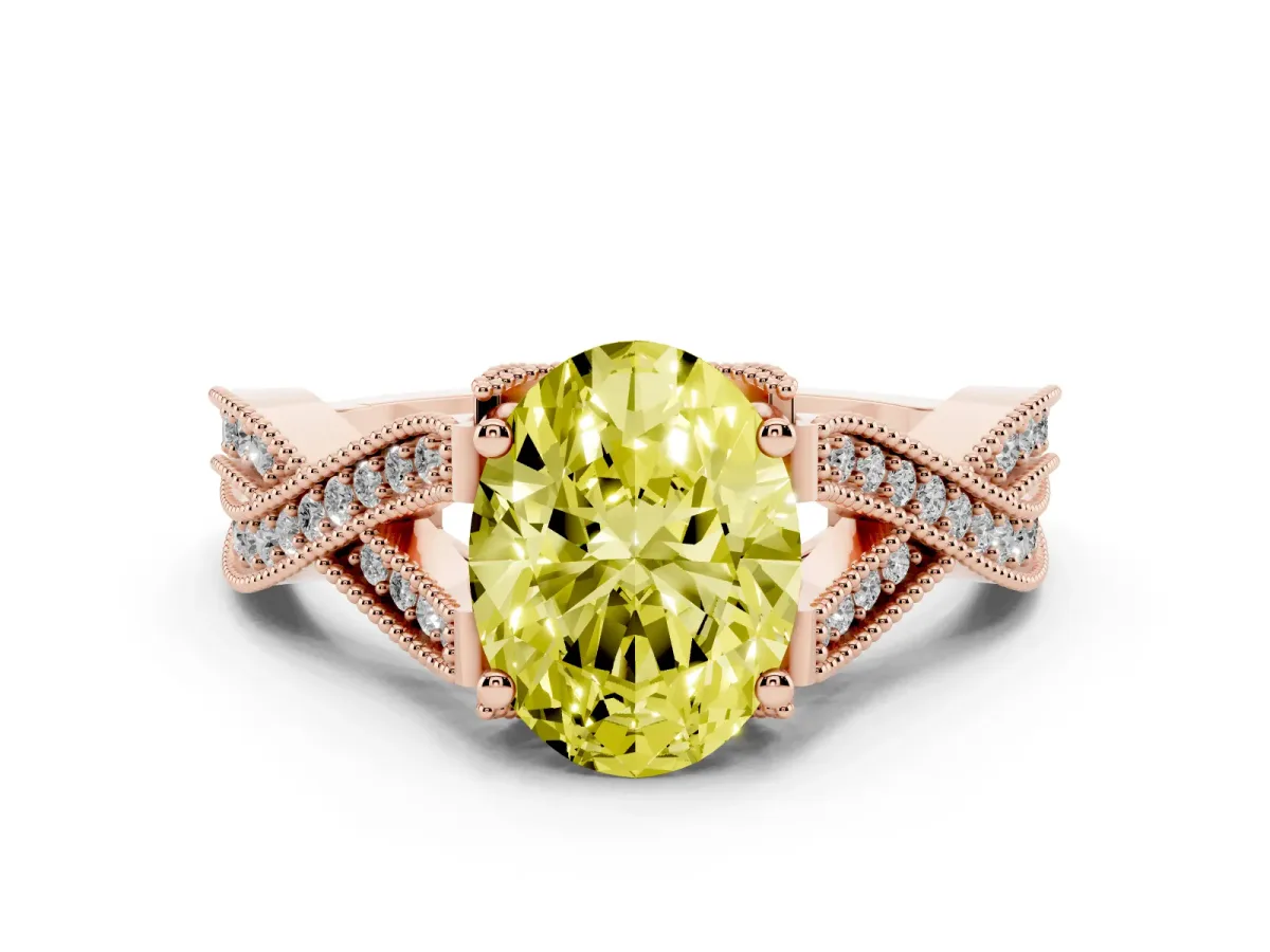 Fancy Yellow Oval Cut Cut Diamond Twisted Band with Milgrain Pave Setting and Four-Prong Setting Rose gold