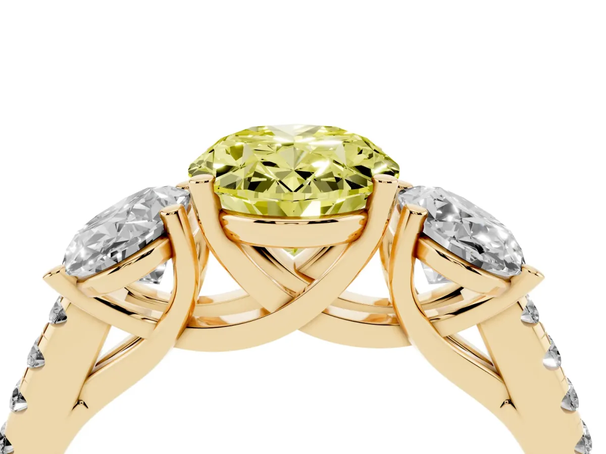 Fancy Yellow Three-Stone Oval Cut Diamond Ring with Round Pavé Band and Prong Setting Yellow gold