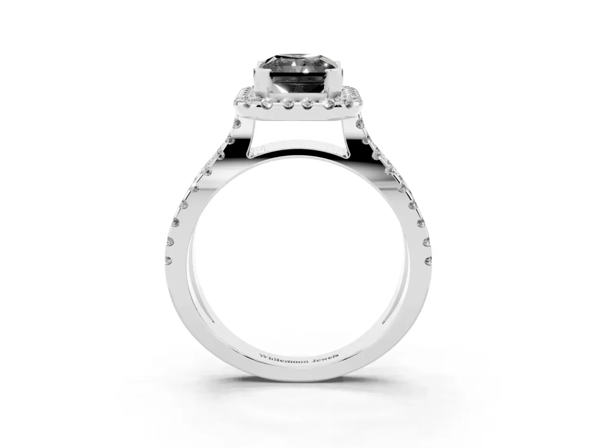 Fancy Black Radiant Cut Diamond Halo Ring with Split Shank Pavé Band and Prong Setting Silver