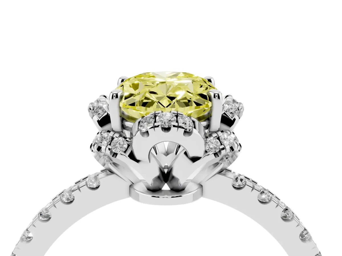 Fancy Yellow Oval Cut Diamond Halo Pave Band with Four-Prong Setting Silver