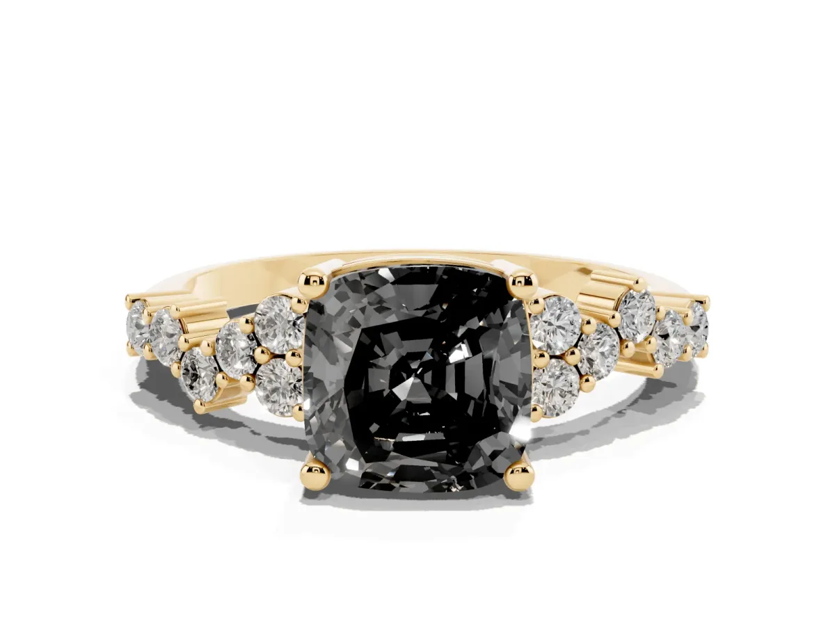 Fancy Black Cushion Cut Diamond Scattered Round Accent Ring with Prong Setting Yellow gold