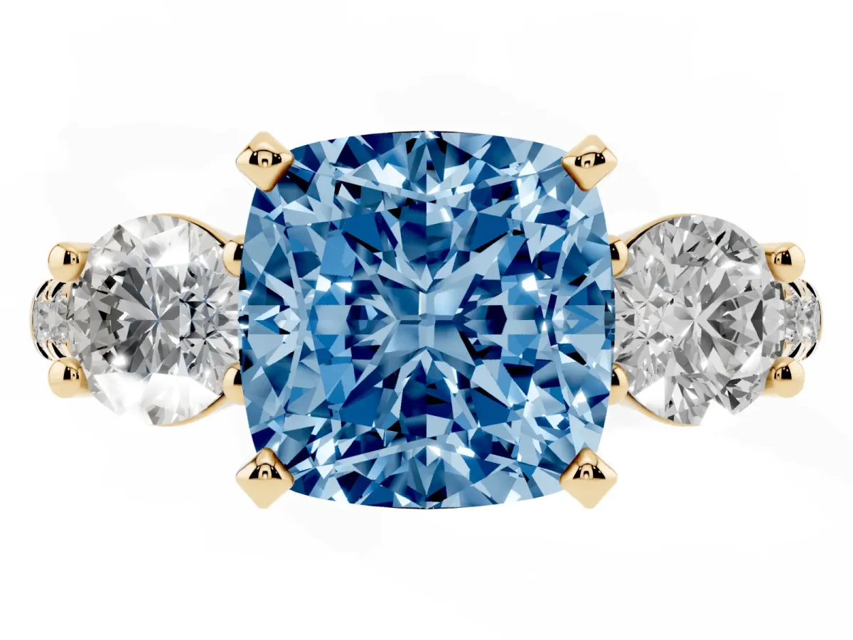 Fancy Blue Three-Stone Cushion Cut Diamond Pavé Band with Four-Prong Setting Yellow gold