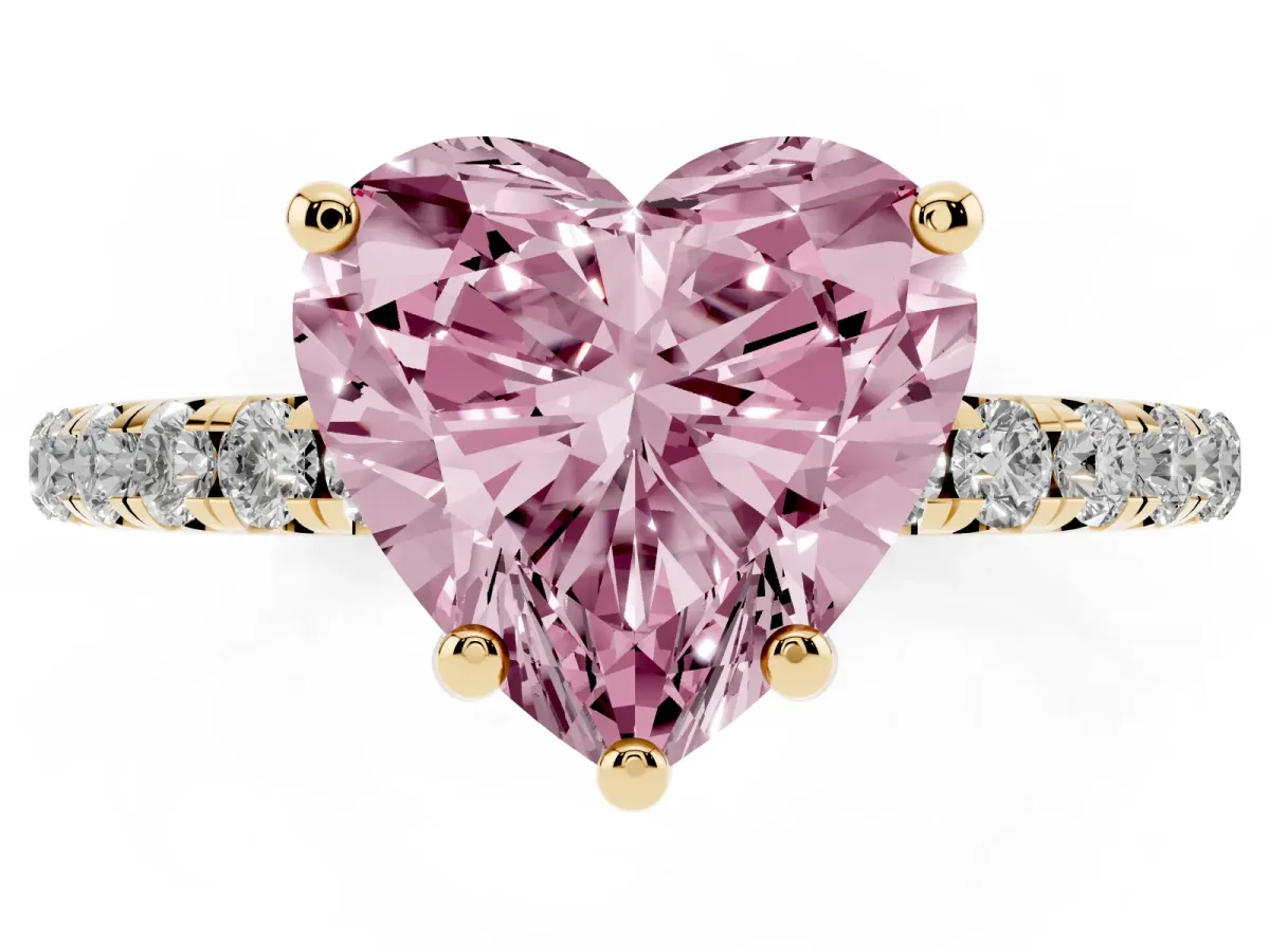 Fancy Pink Heart Cut Cut Diamond Solitaire Ring with Micro Pave Band and Four Prong Setting Yellow gold