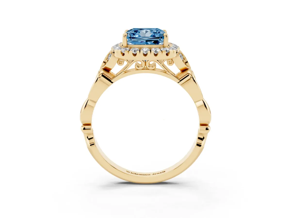 Fancy Blue Princess Cut Halo Diamond Engagement Ring with Vintage-Inspired Band and Four-Prong Setting Yellow gold