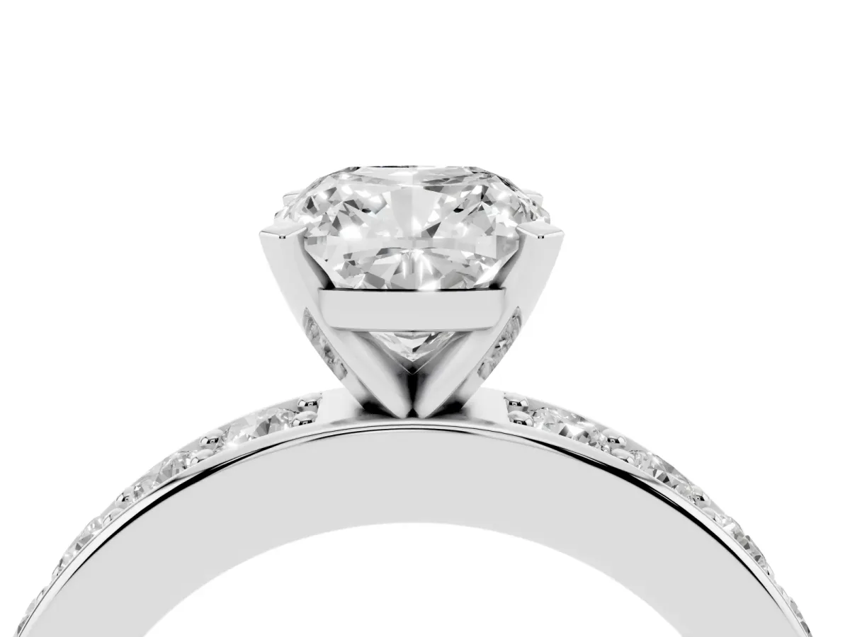 Cushion Cut Diamond Engagement Ring with Channel Set Round Band and Prong Setting Platinum
