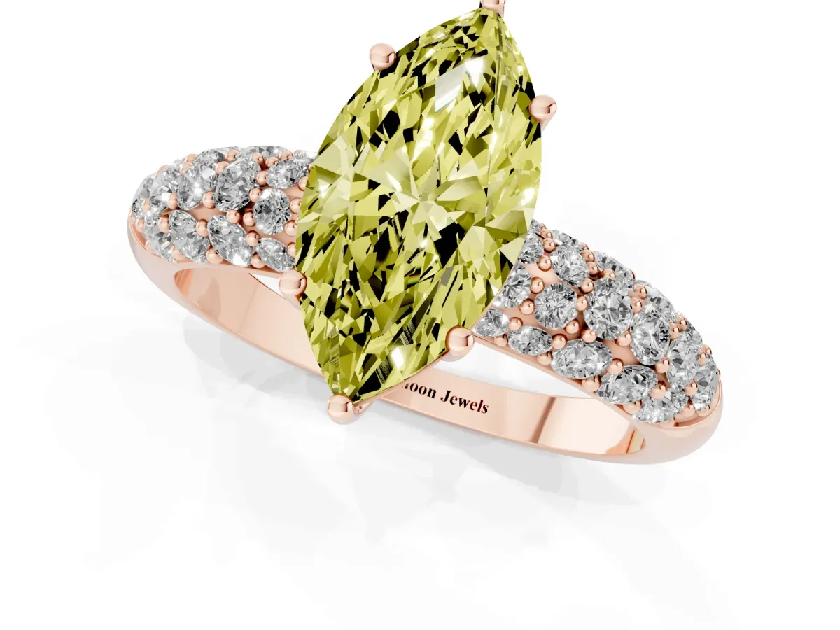 Fancy Yellow Marquise Cut Diamond Pavé Band Solitaire Ring with Four-Prong Setting Rose gold