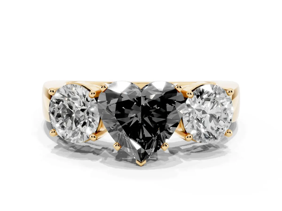 Fancy Black Three-Stone Heart Cut Diamond Ring with Round Side Stones, Classic Band, and Four-Prong Setting Yellow gold