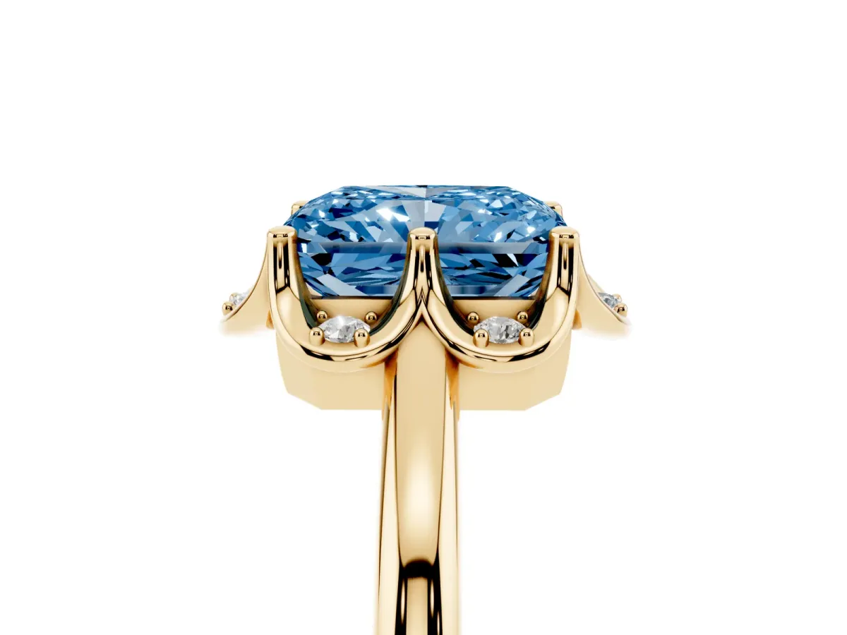 Fancy Blue Radiant Cut Halo Diamond Ring with Round Cluster Setting, Solitaire Band, and Four-Prong Setting Yellow gold