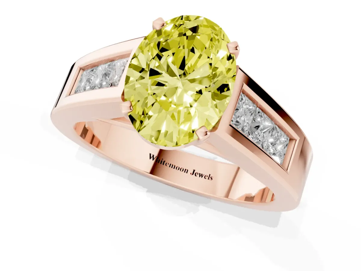 Fancy Yellow Oval Cut Cut Channel Set Solitaire Ring with Four-Prong Setting Rose gold