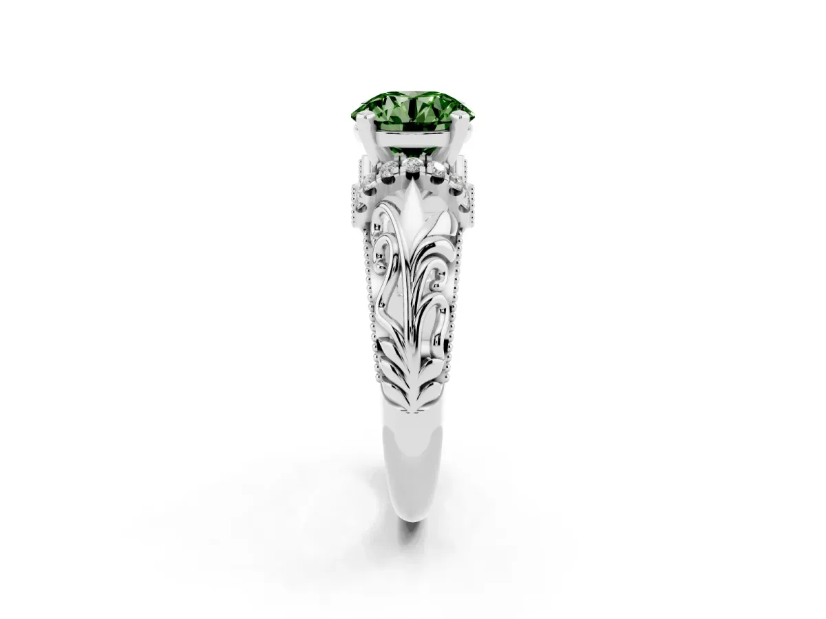 Fancy Green Round Cut Solitaire Filigree Engagement Ring with Halo and Prong Setting Silver