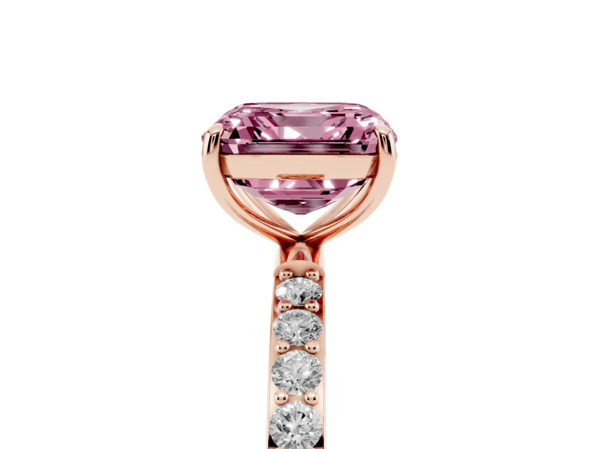 Fancy Pink Asscher Cut Diamond Solitaire Ring with Round Pavé Shoulders and Prong Setting Rose gold