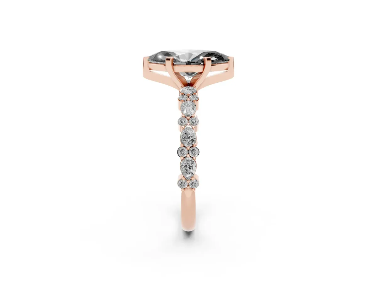 Fancy Black Marquise Cut Diamond Side Stone Solitaire Ring with Round and Four-Prong Setting Rose gold