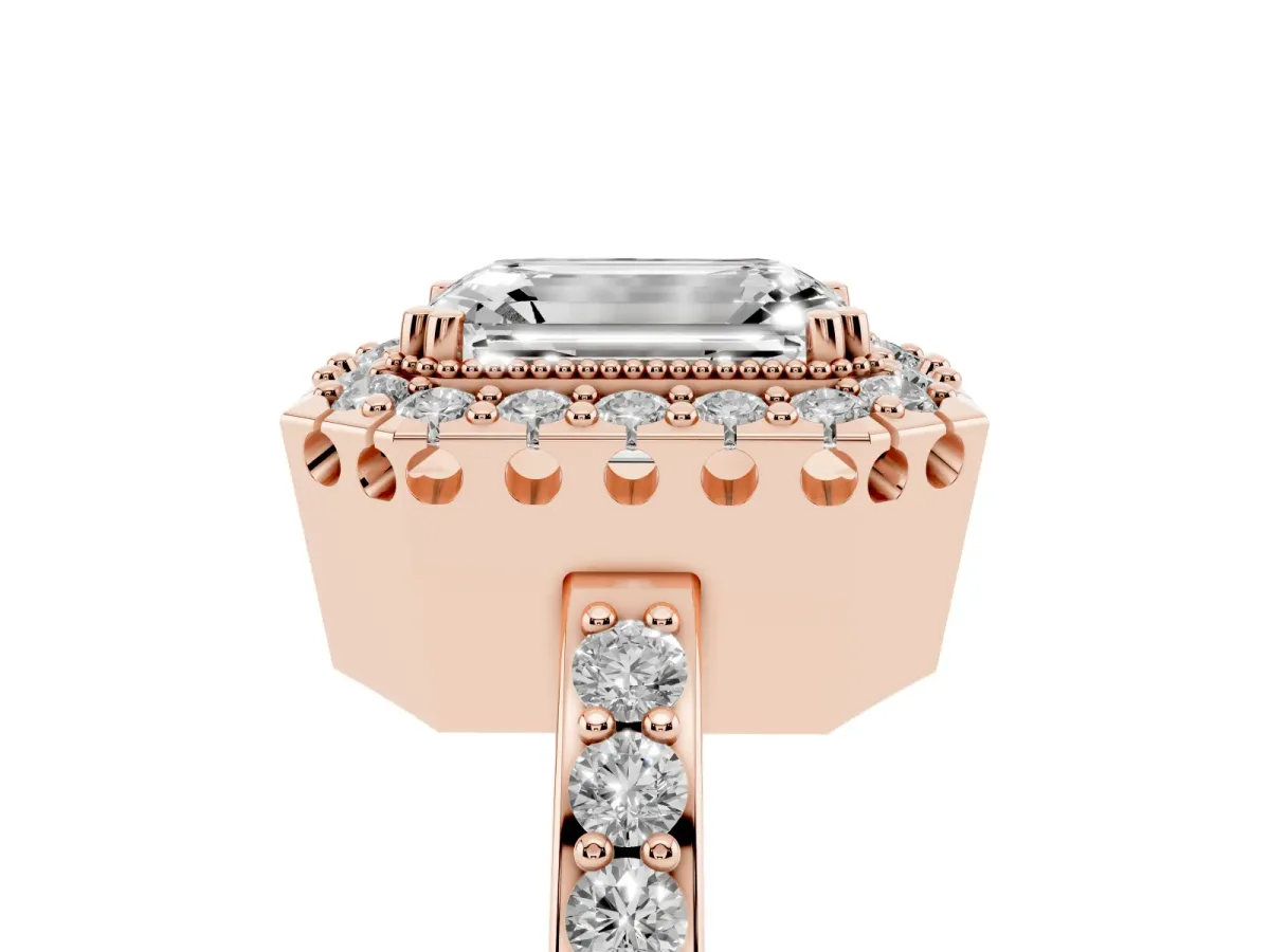 Emerald Cut Diamond Halo Ring with Pavé Band and Prong Setting Rose gold
