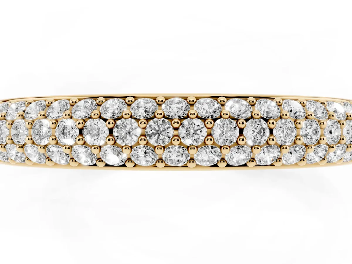 Three-Row Pave Round Diamond Eternity Band with Shared Prong Setting Yellow gold