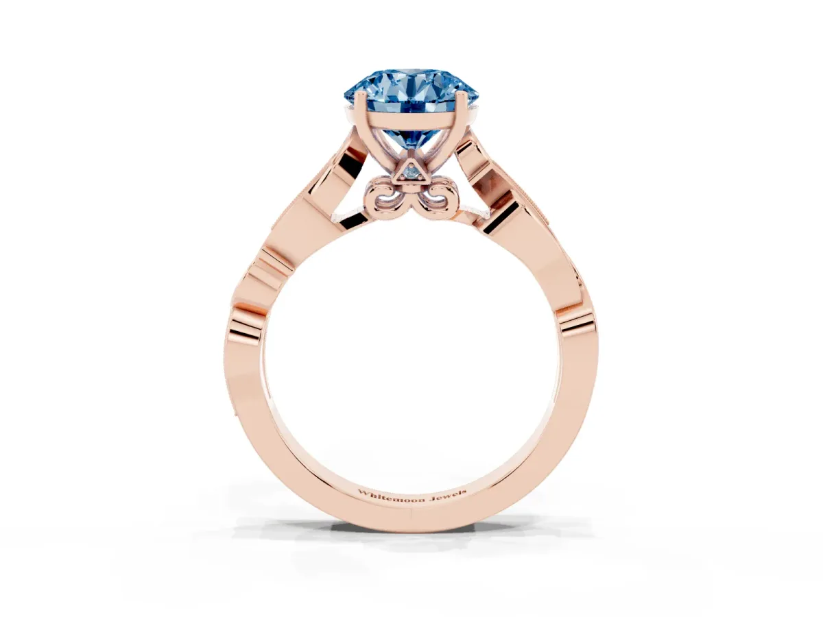 Fancy Blue Round Cut Solitaire Vine Band with Milgrain Prong Setting Rose gold