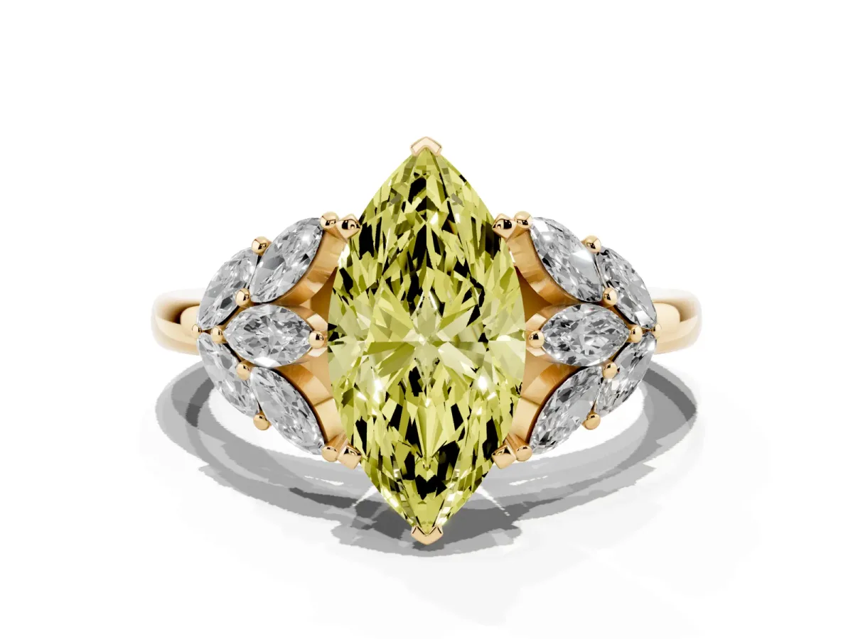 Fancy Yellow Marquise Cut Diamond Cluster Leaf Design Ring with Prong Setting Yellow gold