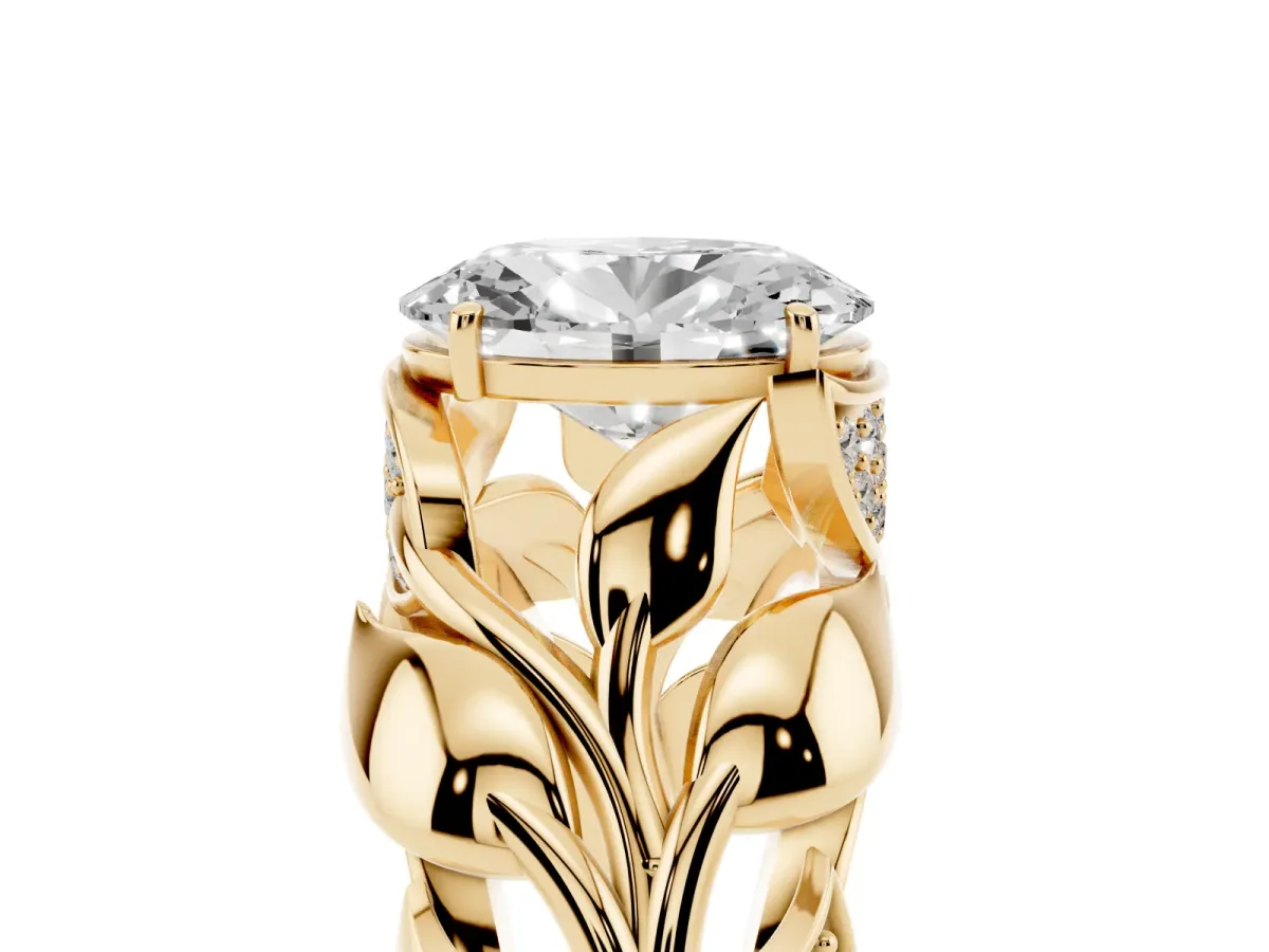 Oval Cut Diamond Leaf-Inspired Engagement Ring with Round Accents and Prong Setting Yellow gold