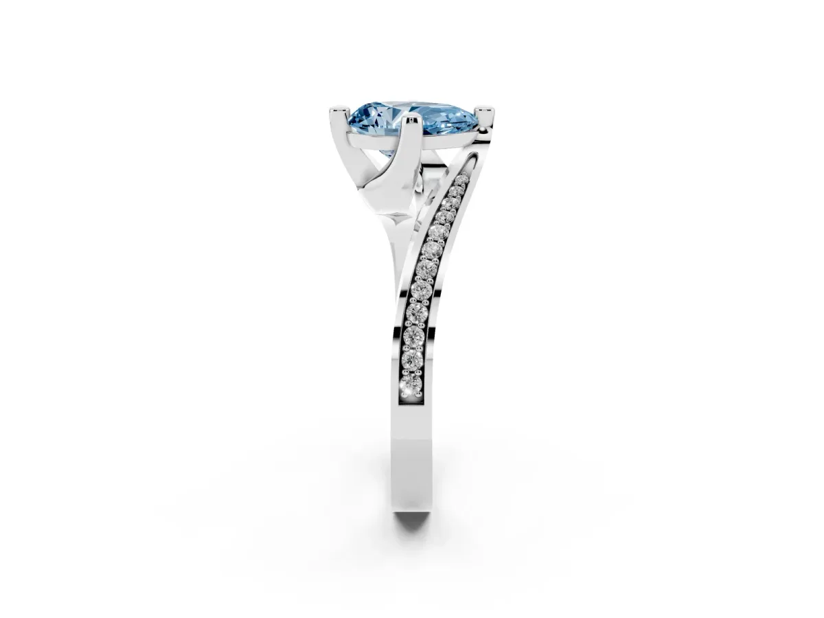 Fancy Blue Pear Cut Solitaire Diamond Twist Band with Pavé Setting and Four-Prong Setting Silver